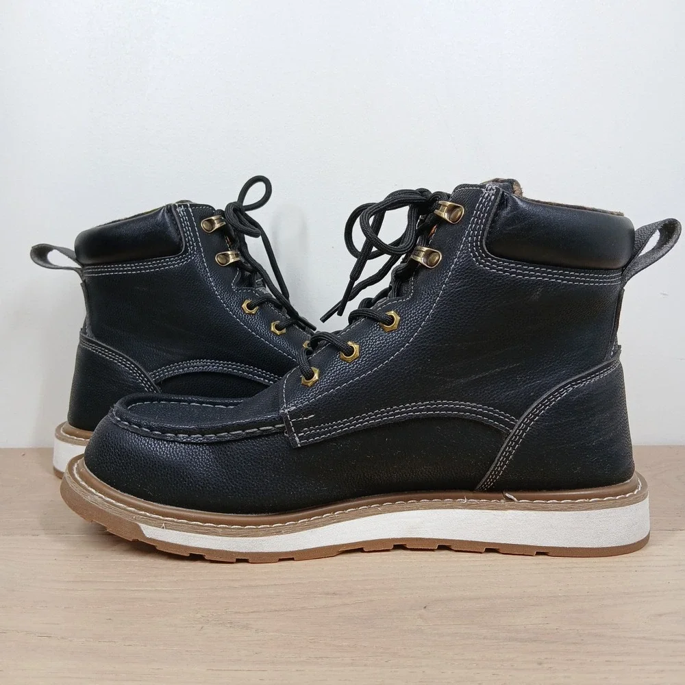 Kelodon Work Boots Mens 10 Black Leather Waterproof Moc Toe Wedge Utility